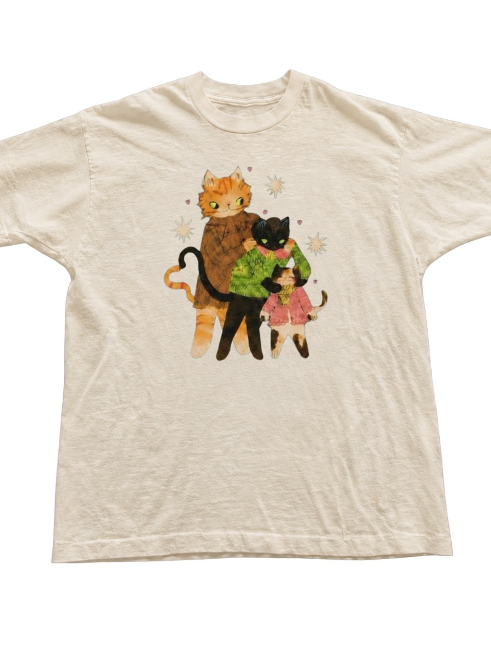 Off White Tee with Colorful Cat Family Graphic